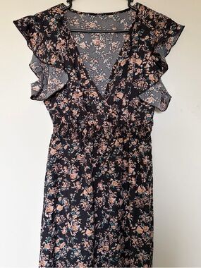Black Floral Print Dress With Ruffled Cap Sleeves V-Neck